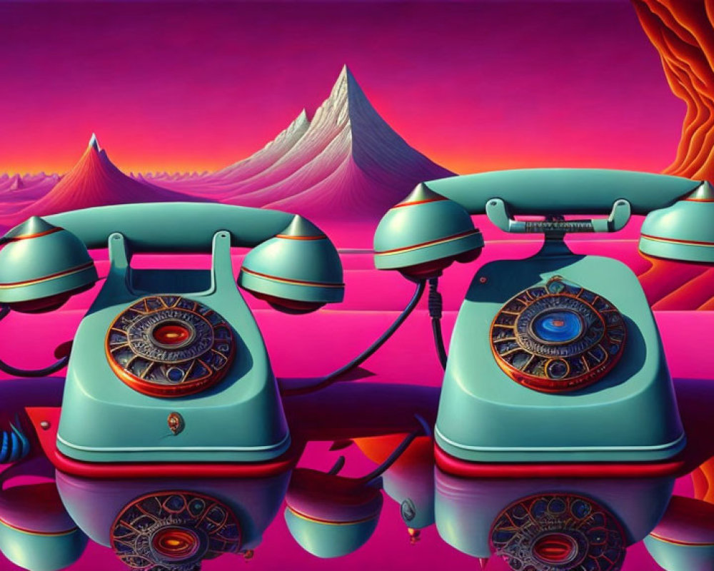 Vintage Turquoise Phones on Surreal Pink & Purple Landscape