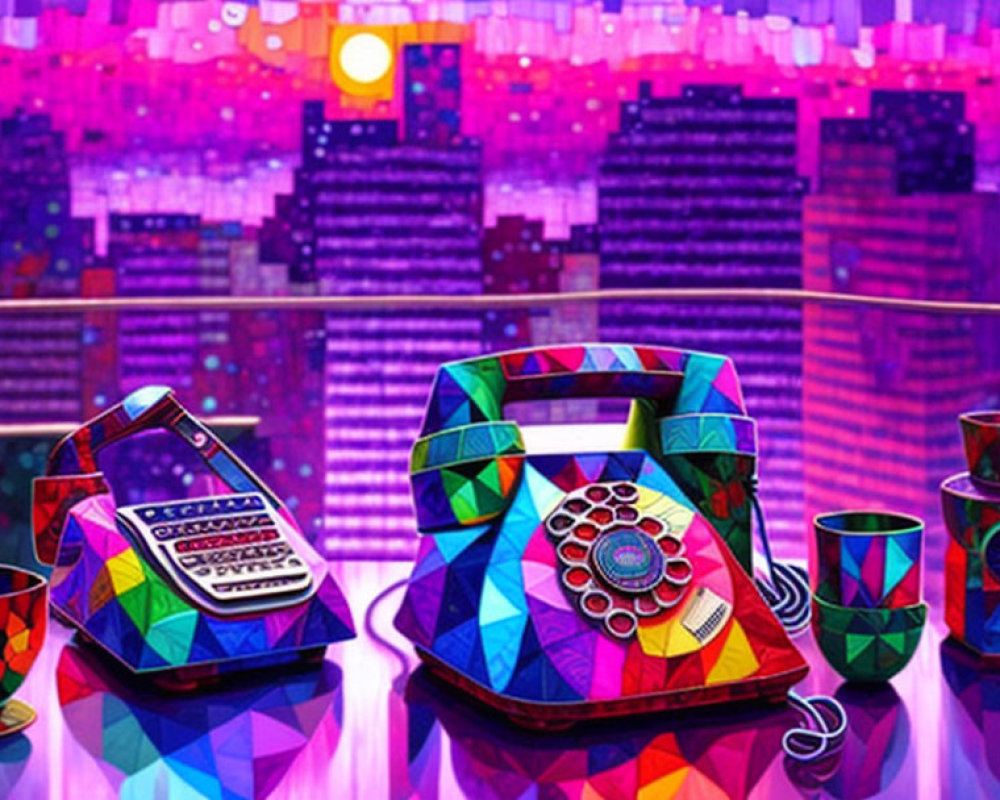 Colorful Retro Objects and Cityscape Artwork in Sunset Colors