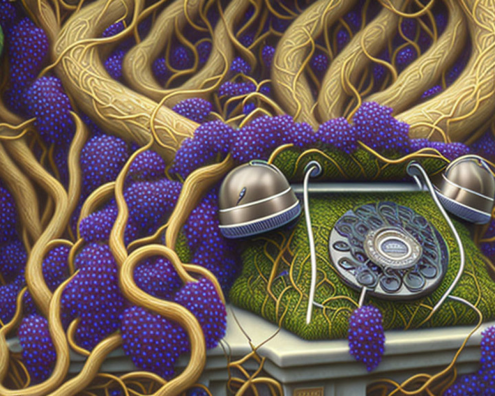 Vintage Rotary Telephone in Surreal Blueberry Landscape