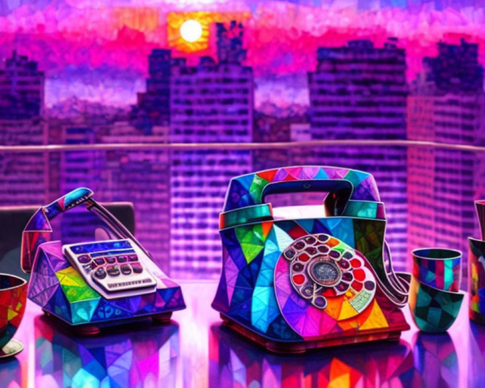 Colorful office desk with retro telephone, calculator, cups, and city skyline at sunset