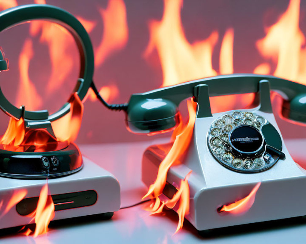 Vintage telephones with flames on reflective surface.