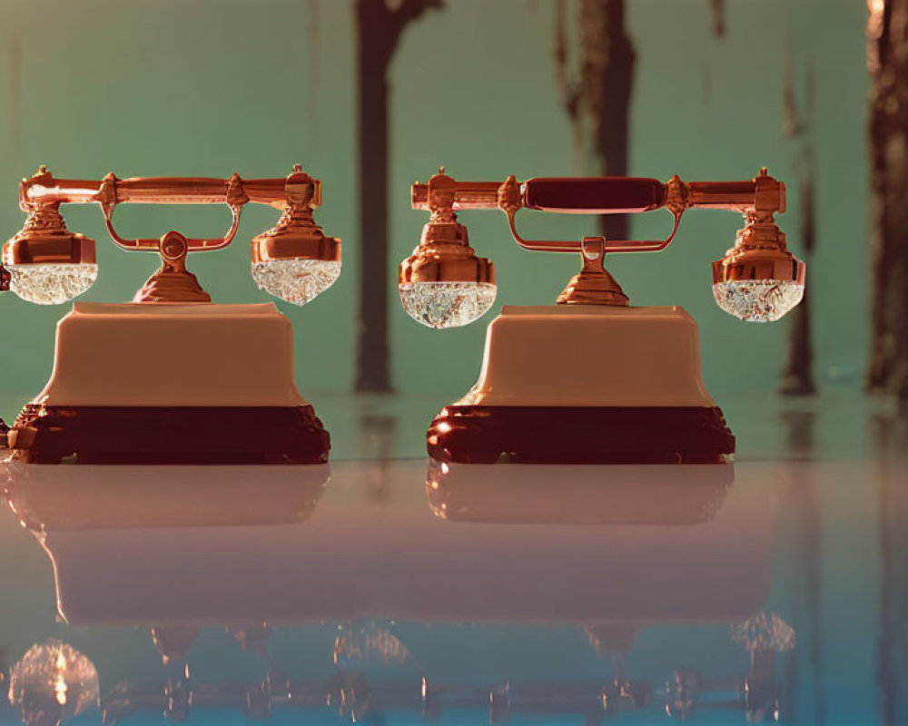 Vintage Rotary Telephones Aligned on Reflective Surface