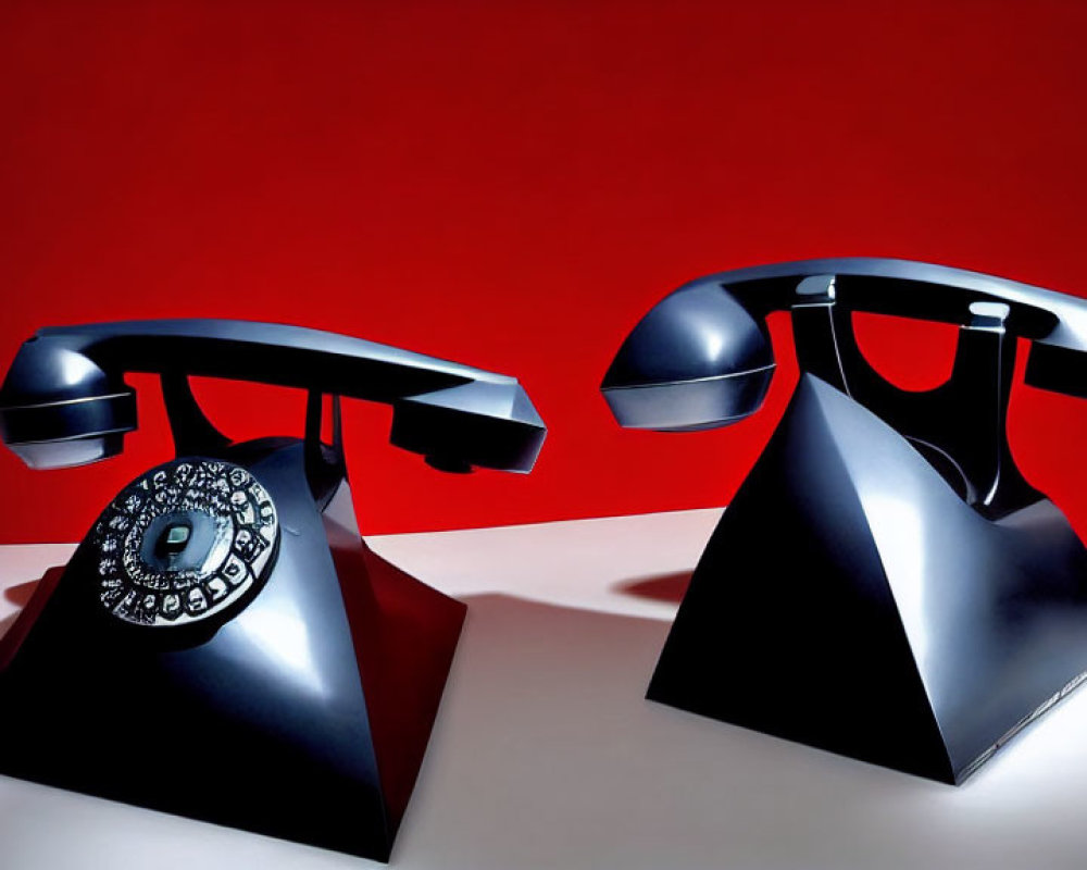 Vintage rotary and push-button telephones on red background