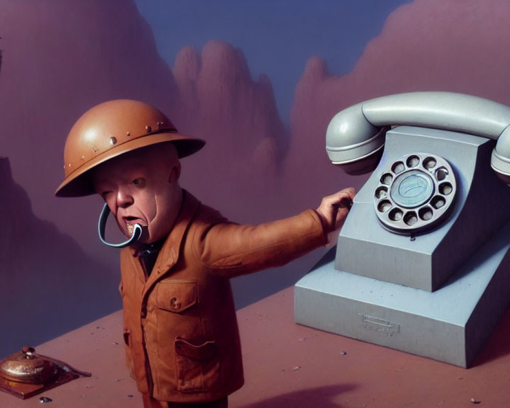 Man with helmet shouting into giant rotary phone in surreal landscape