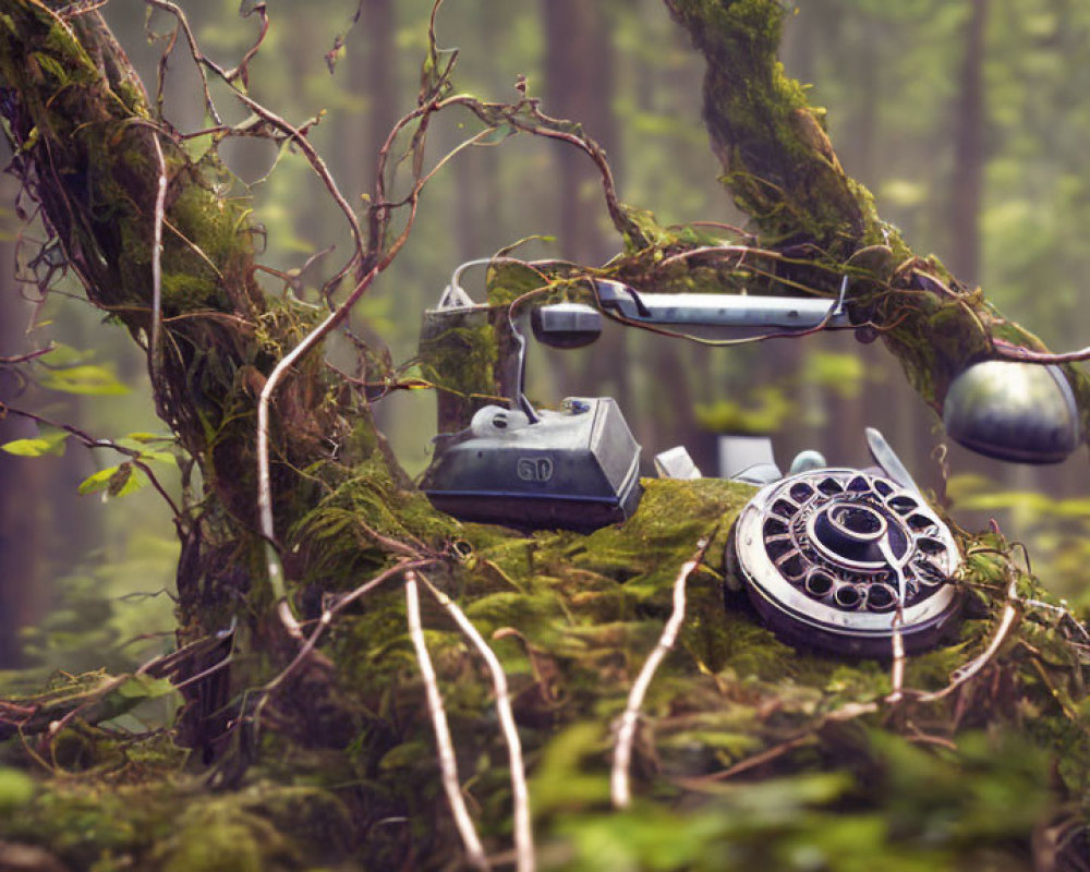 Vintage rotary telephone off-hook on mossy tree branch in misty forest