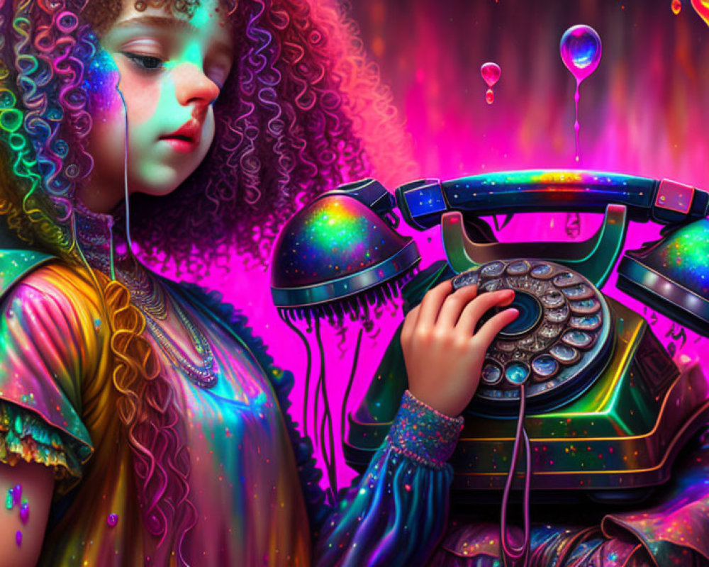 Curly-haired girl captivated by vintage telephone in vibrant, psychedelic scene