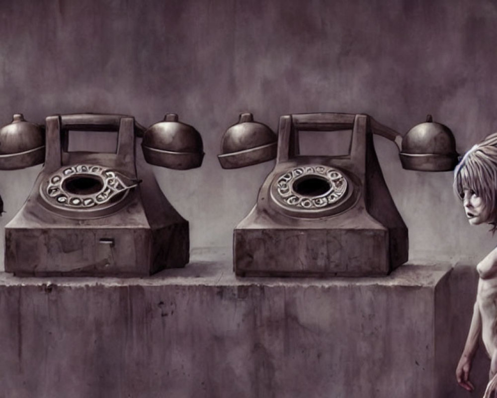 Surreal painting with old-fashioned telephones and apprehensive child