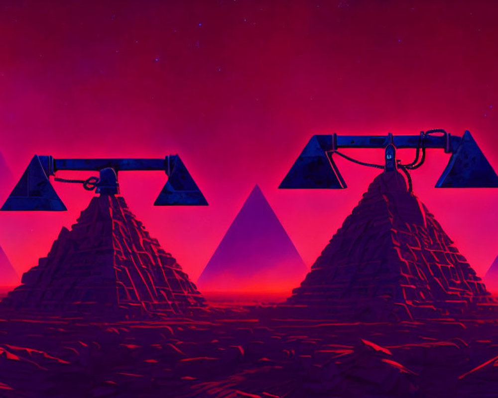 Surreal neon-lit landscape with purple skies and pyramid-like structures