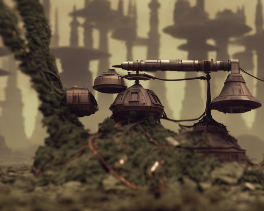 Sepia-Toned Sci-Fi Scene with Robotic Structure and Alien Architecture