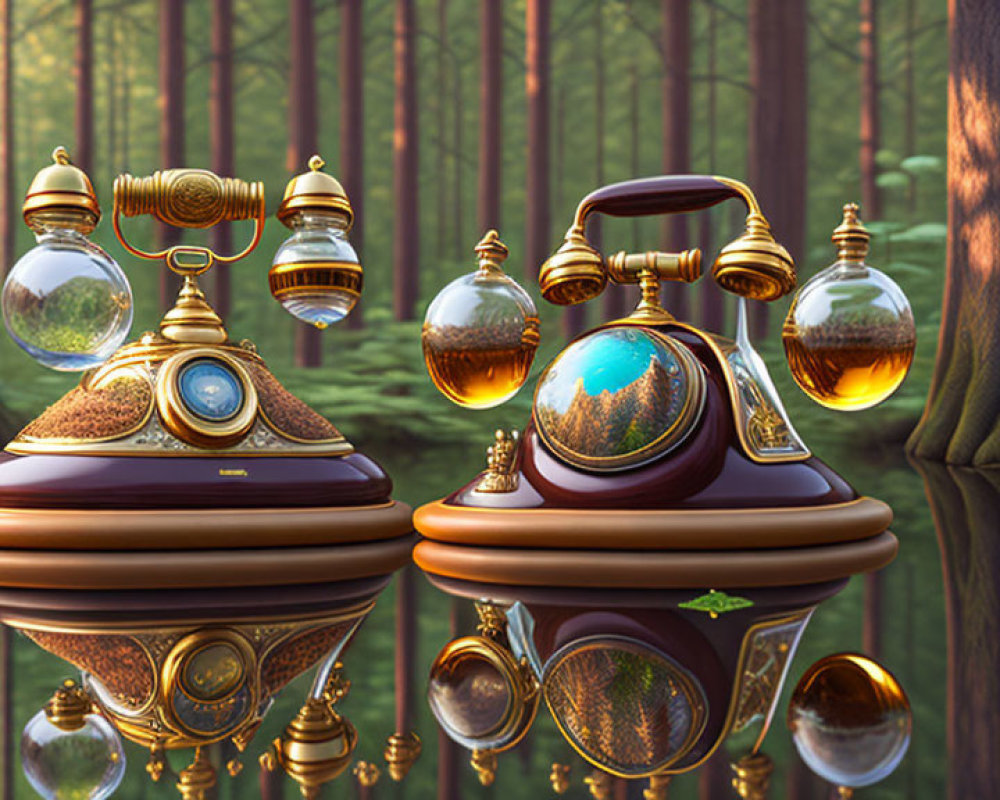 Surreal image of vintage phones and glass orbs above water in forest