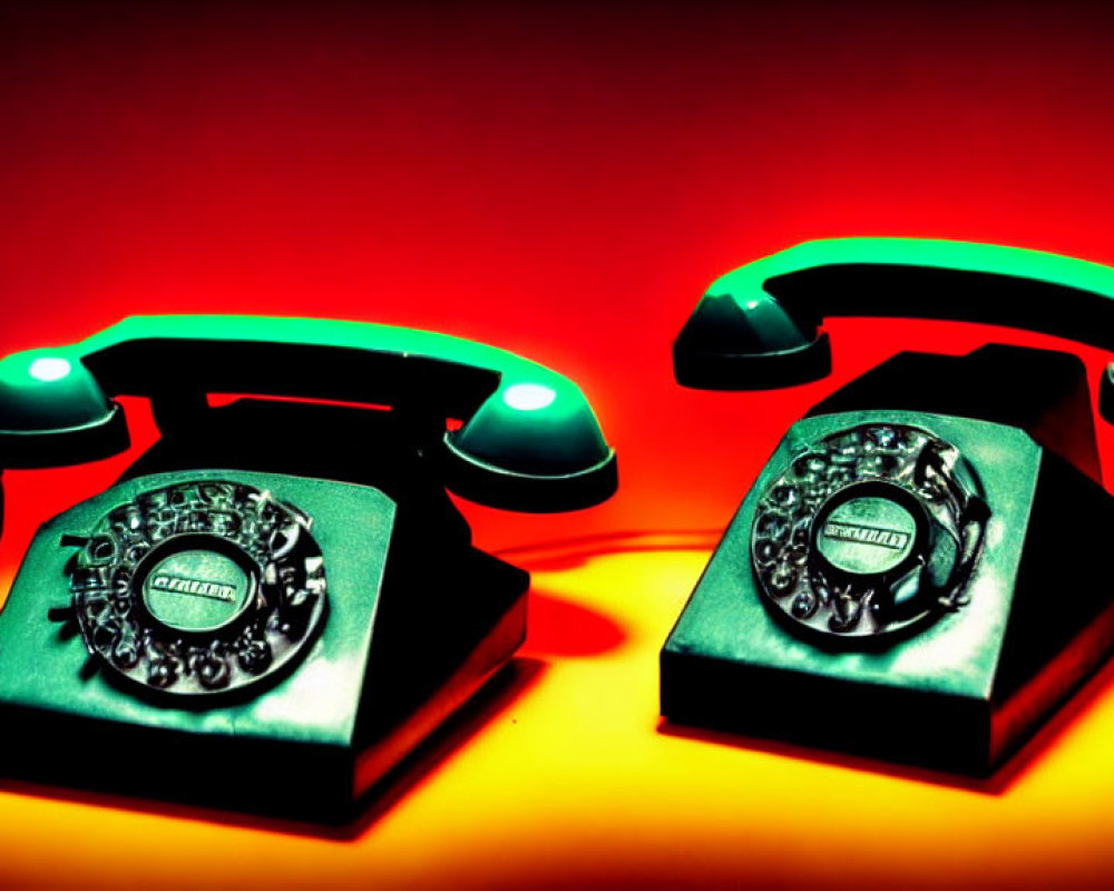 Vintage Rotary Telephones Against Red and Orange Background