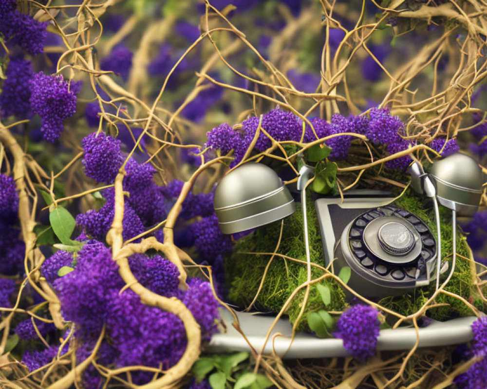 Vintage rotary phone with purple flowers and green foliage - a whimsical blend of technology and nature.