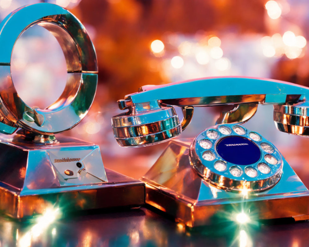 Vintage Turquoise Telephone with Crystal Bedazzling on Colorful Bokeh Background