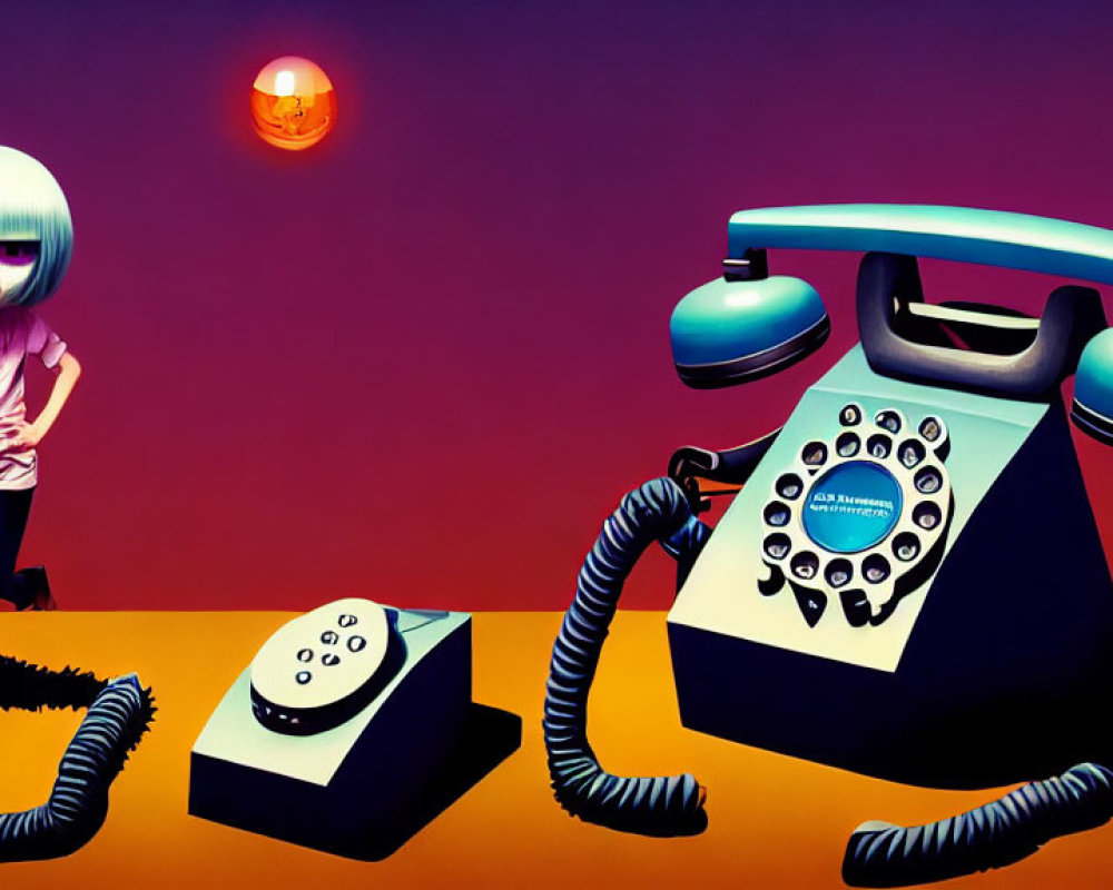 Colorful Surreal Artwork with Vintage Telephone and Stylized Character