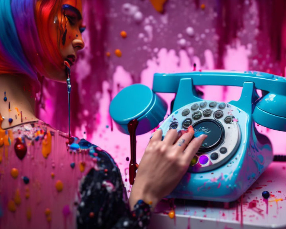 Colorful Rainbow-Haired Person Dialing Retro Blue Rotary Phone in Artistic Setting