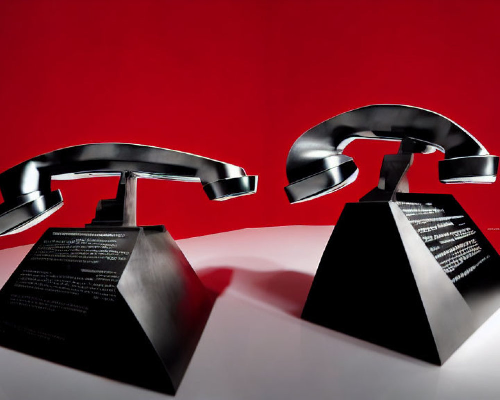 Abstract black statues with metallic finishes on pedestals against red backdrop