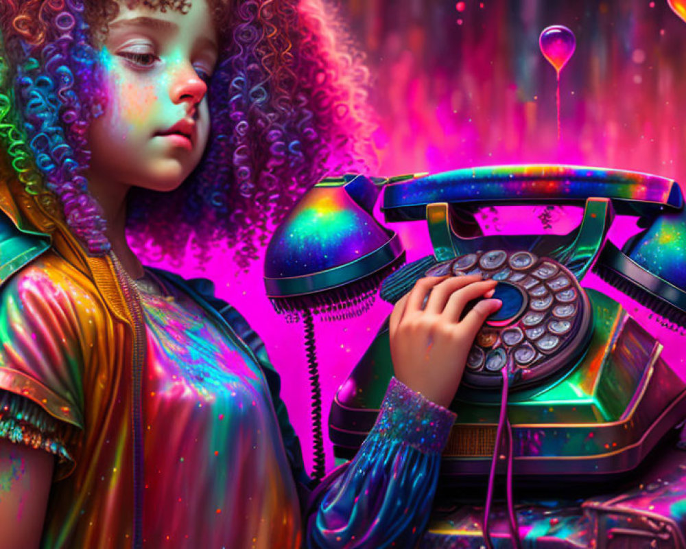 Curly-haired girl with retro rotary phone in colorful setting