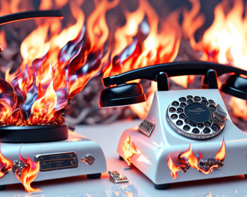 3D vintage telephone and answering machine engulfed in flames on reflective surface