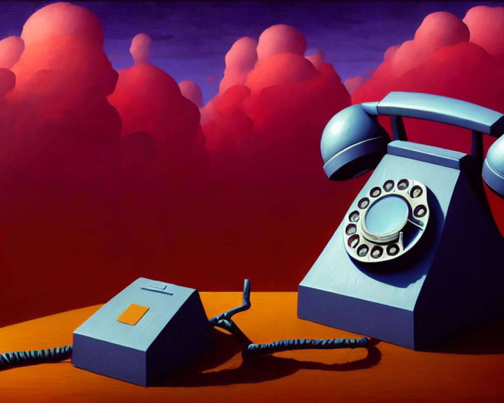 Surreal painting of oversized rotary phone in red sky