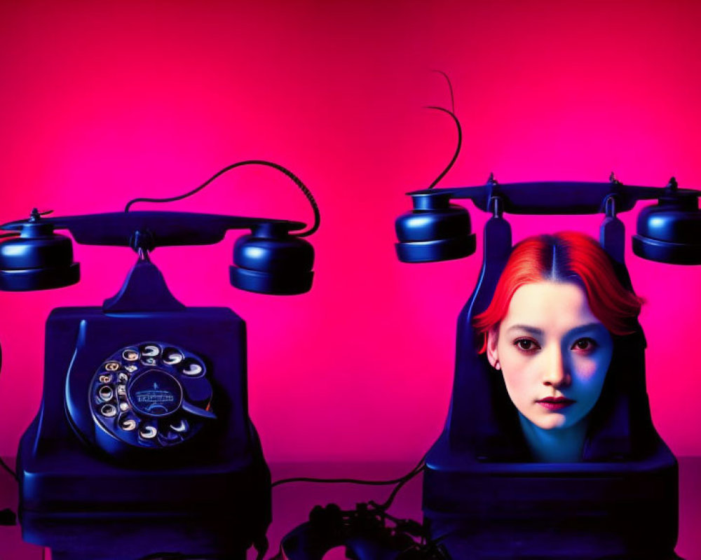 Vintage telephones and woman's face under red light