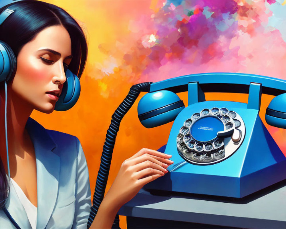 Stylized painting of woman with headphones and vintage rotary phone