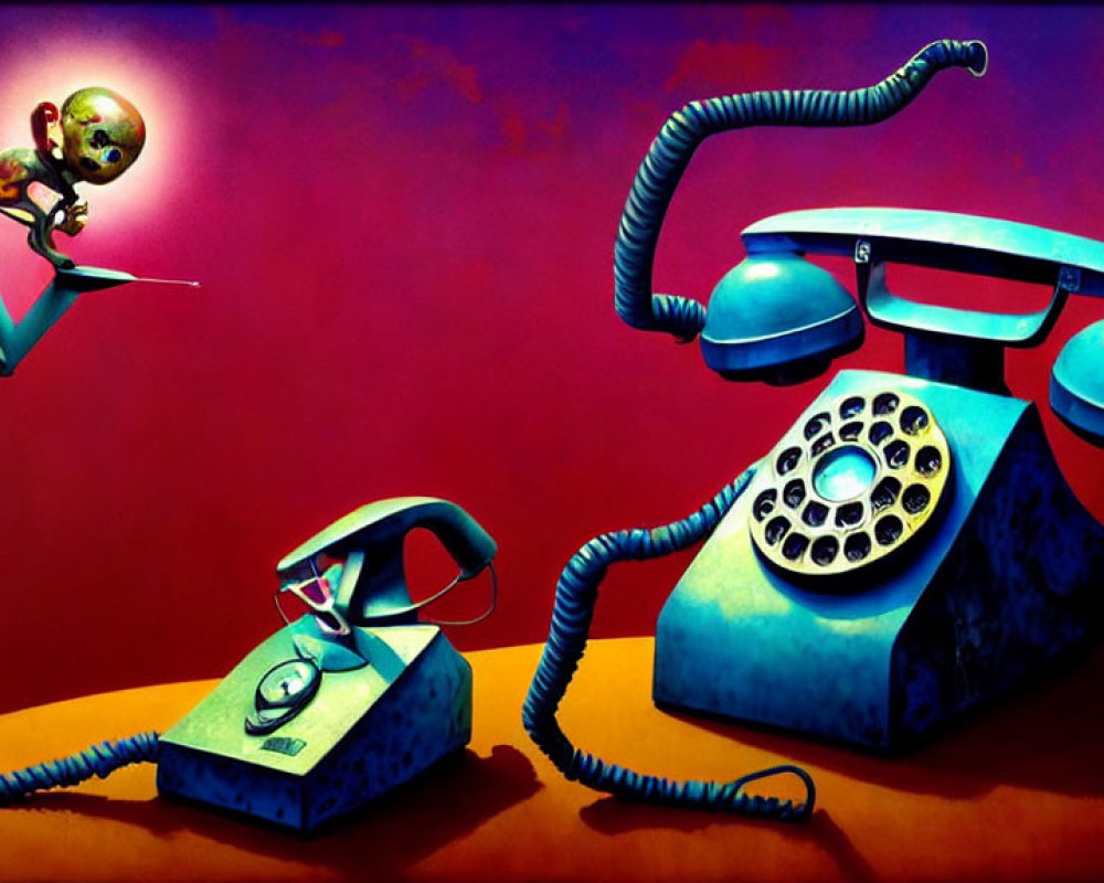 Surreal painting: astronaut on skateboard between vintage phones