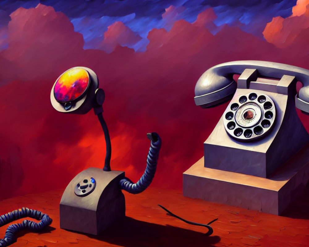 Surreal artwork: vintage telephone, lamp with eye, red sky & abstract landscape