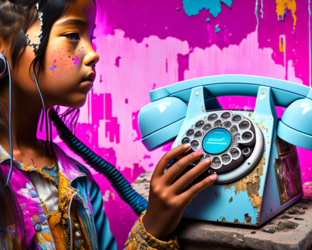 Girl with Headphones Listening to Vintage Blue Rotary Phone Against Graffiti Wall