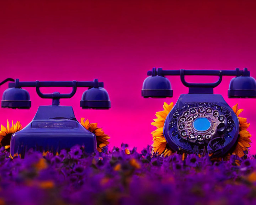 Vintage telephones with sunflowers on pink and purple background