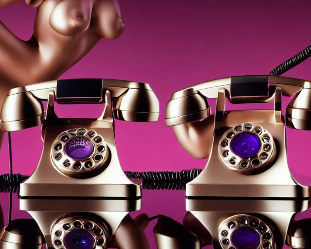 Classic Rotary Phones with Modern Design on Purple Background