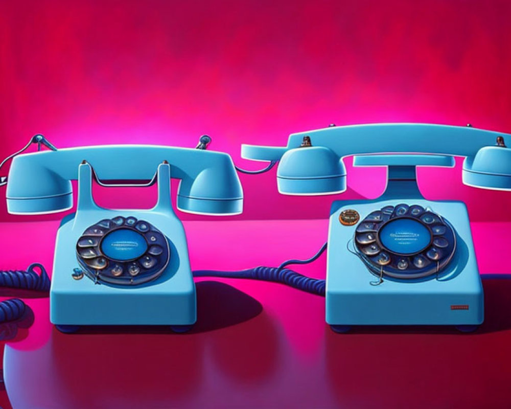 Vintage pink and blue rotary dial telephones on red gradient background