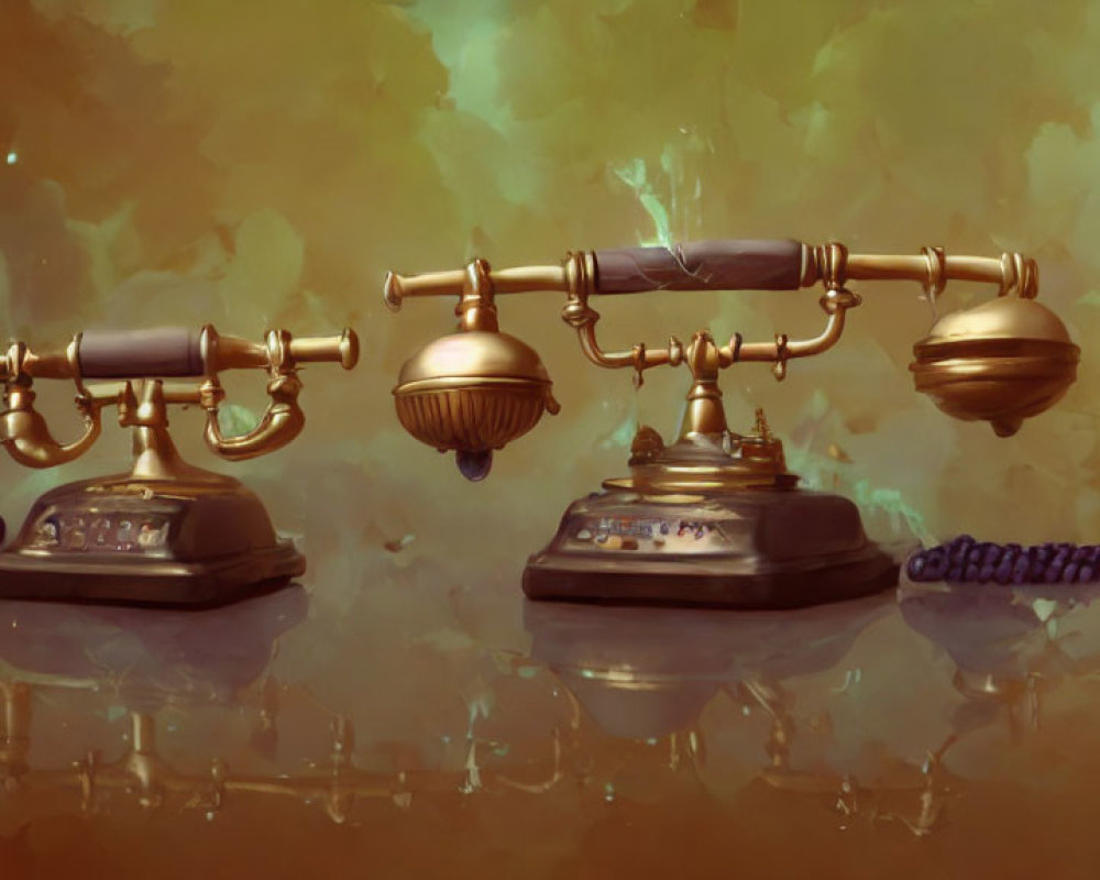 Surreal artwork featuring vintage telephones connected by a whimsical tube on amber backdrop