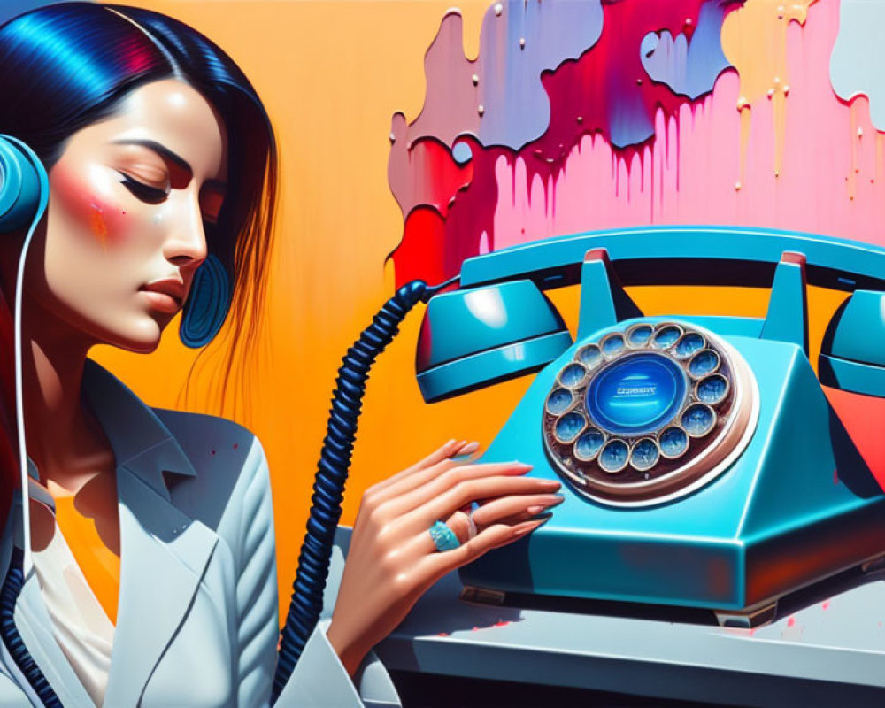 Woman with headphones looking at retro blue telephone with vibrant paint drips