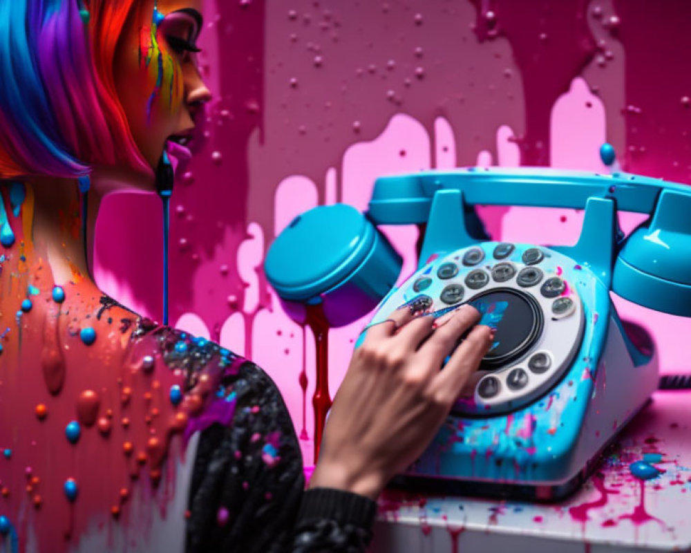 Vibrant hair person dialing blue phone in colorful artistic photo