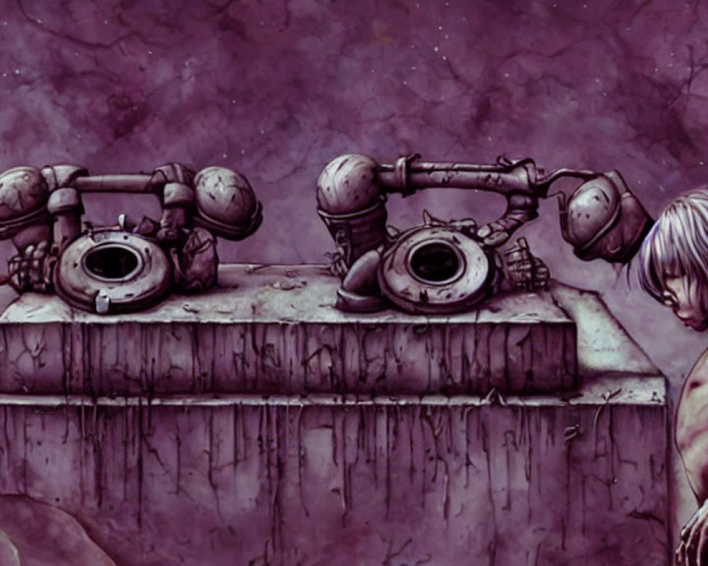 Melancholic artwork of naked child by old-fashioned telephones on purple backdrop