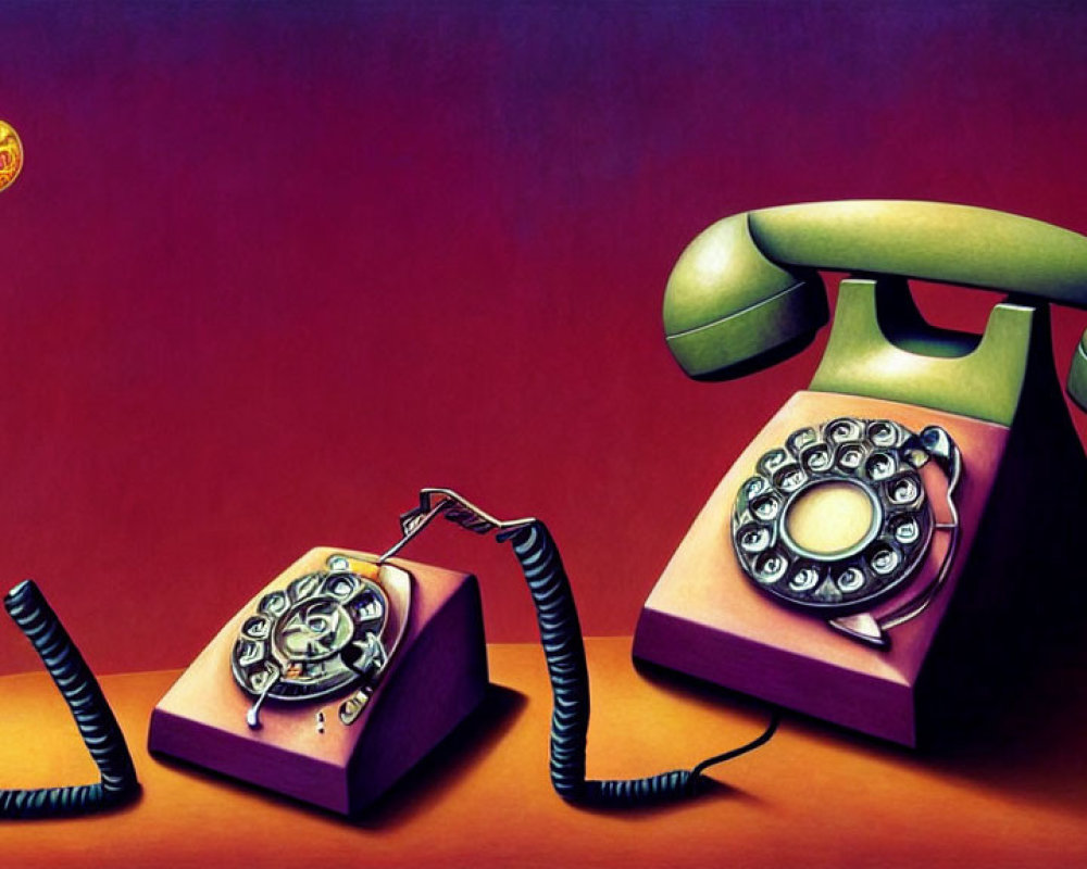 Surreal artwork of disassembled telephones under cookie-like moon