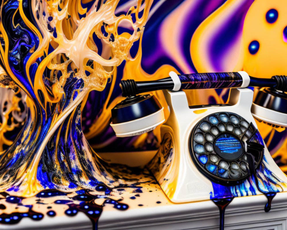 Colorful Abstract Paint Patterns on Retro Rotary Phone with Psychedelic Background