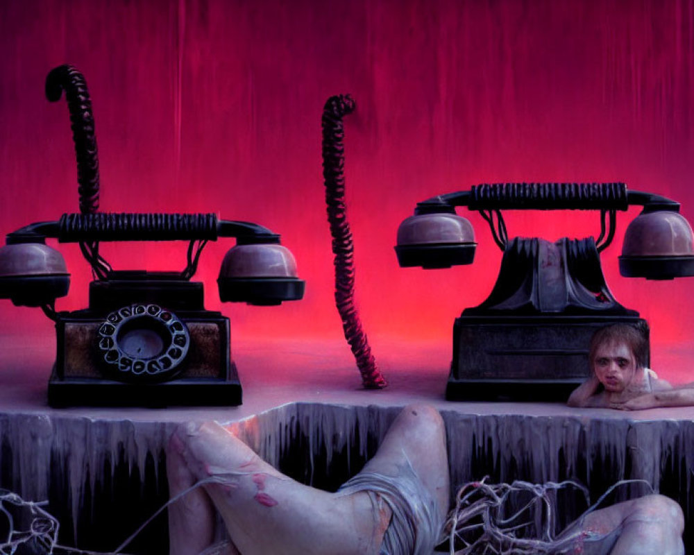 Vintage telephones with surreal human figure on pink and red background