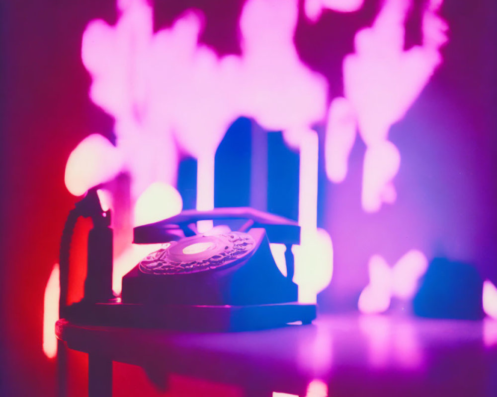 Vintage telephone with dial illuminated by pink and purple neon lights