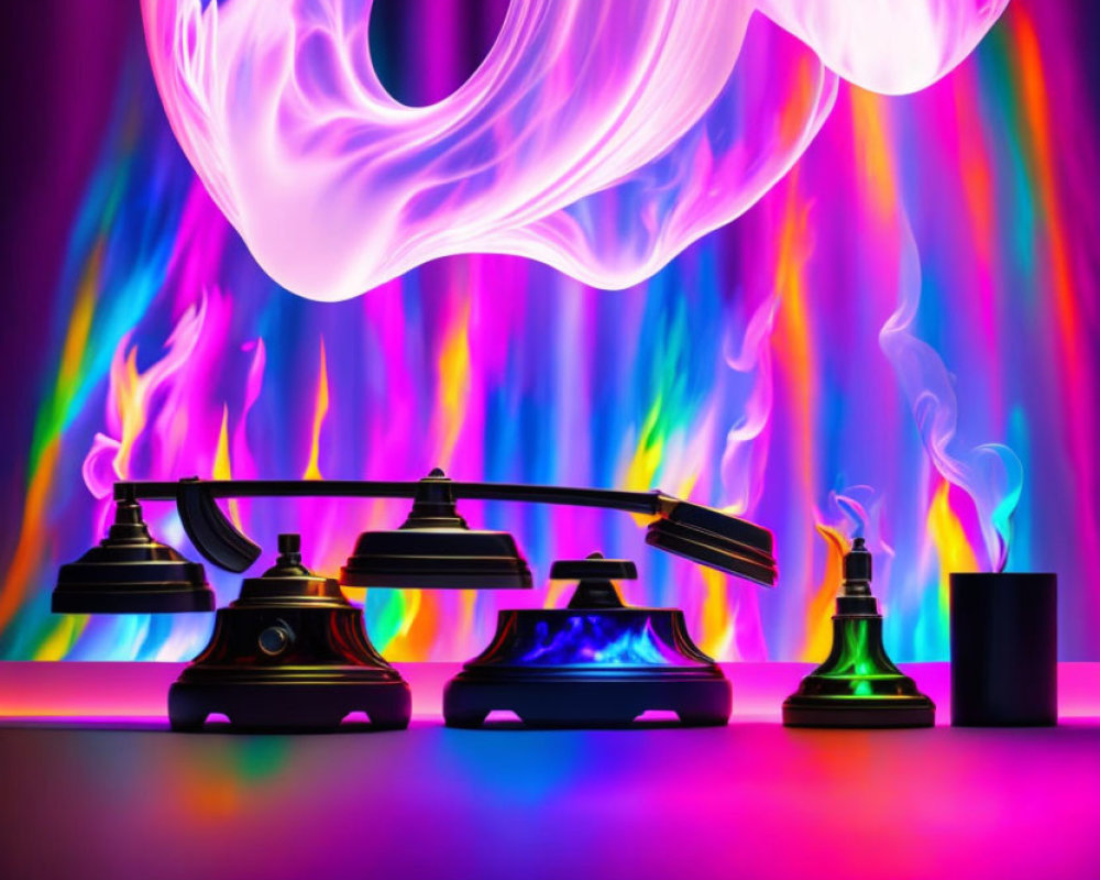 Vibrant vintage telephones melting under neon flame-like lights on abstract wavy background