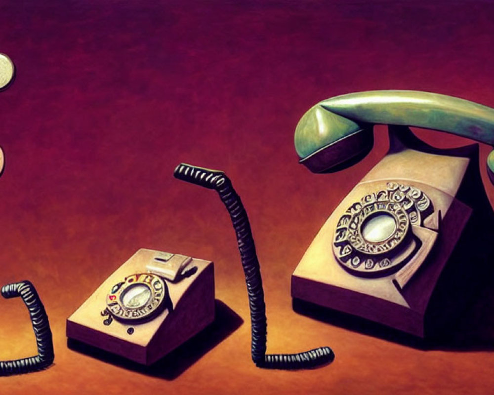 Vintage telephones with handsets and cords on warm, textured background