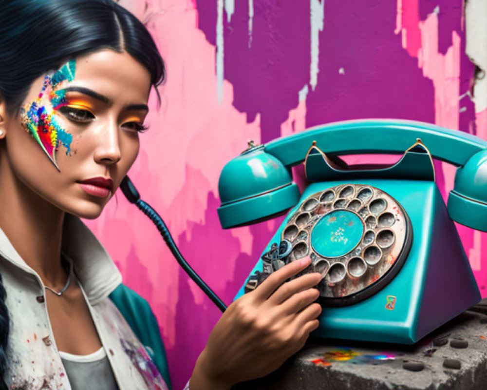 Woman with vibrant makeup and braid holding retro teal rotary phone against graffiti background