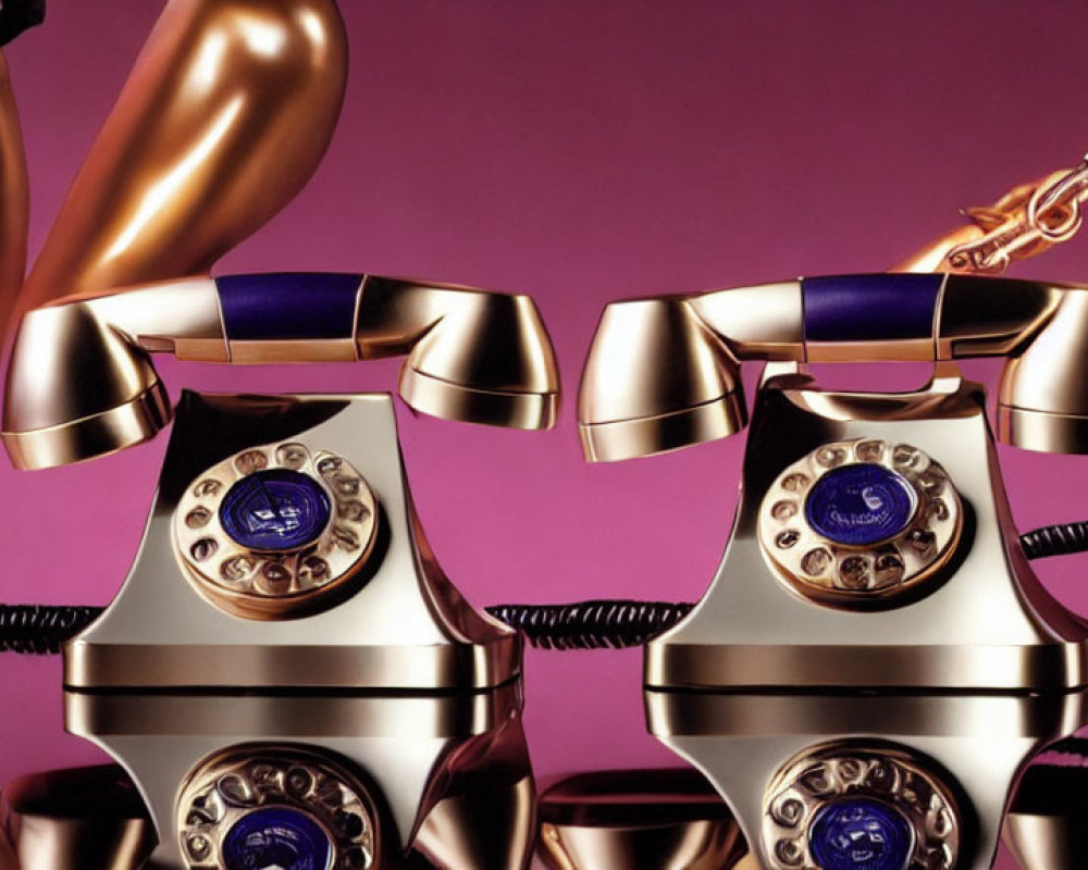 Vintage Gold and White Rotary Dial Telephones with Off-Hook Handsets