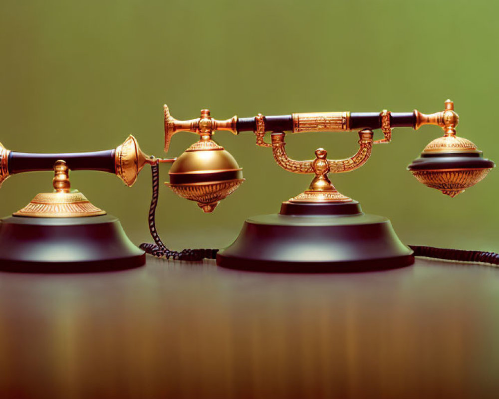 Vintage telephones with gold and black accents on green background with bell.