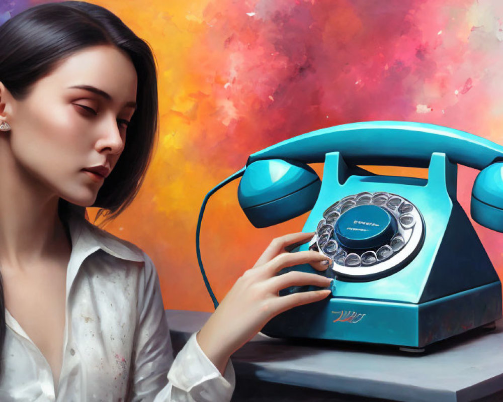 Dark-haired woman in white shirt near vintage turquoise rotary phone against vibrant backdrop.