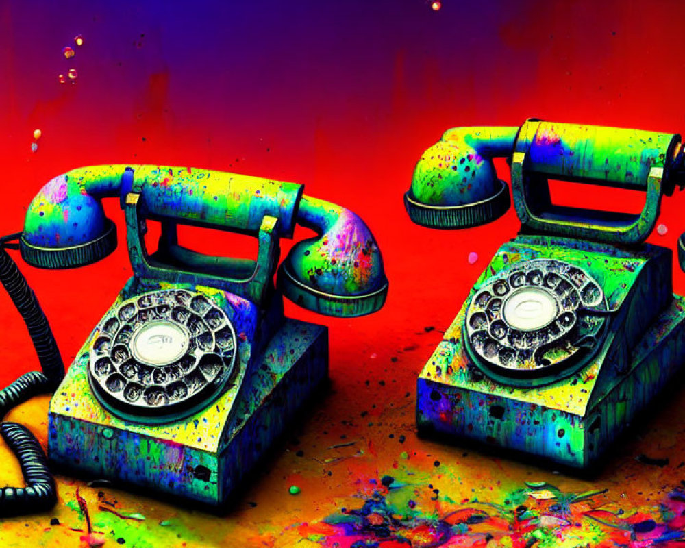 Colorful Vintage Rotary Phones Amidst Dynamic Paint Splatters