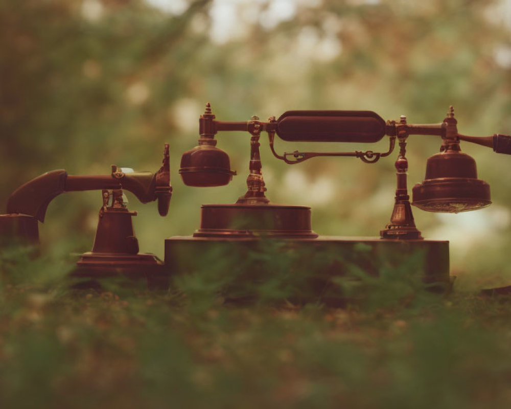 Vintage rotary dial telephone on grass with blurred greenery background