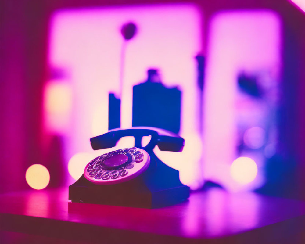 Vintage rotary phone on table with soft pink and purple lighting