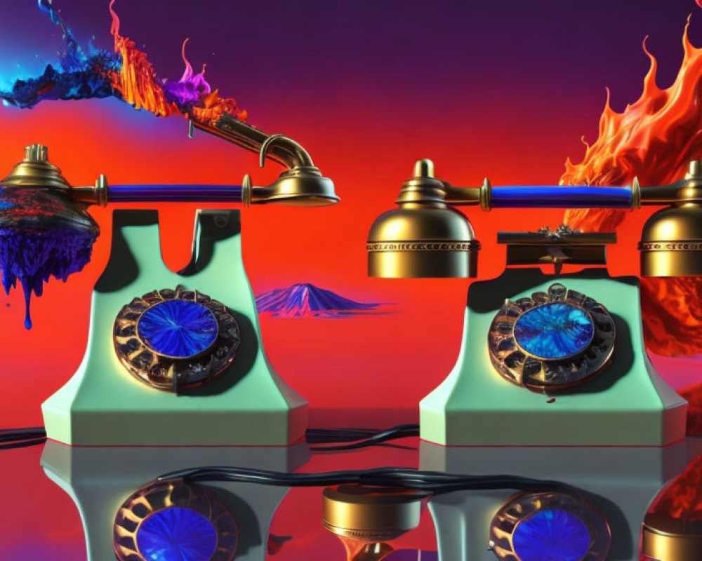 Surreal vintage phones with blue flames and fiery & icy elements on reflective surface