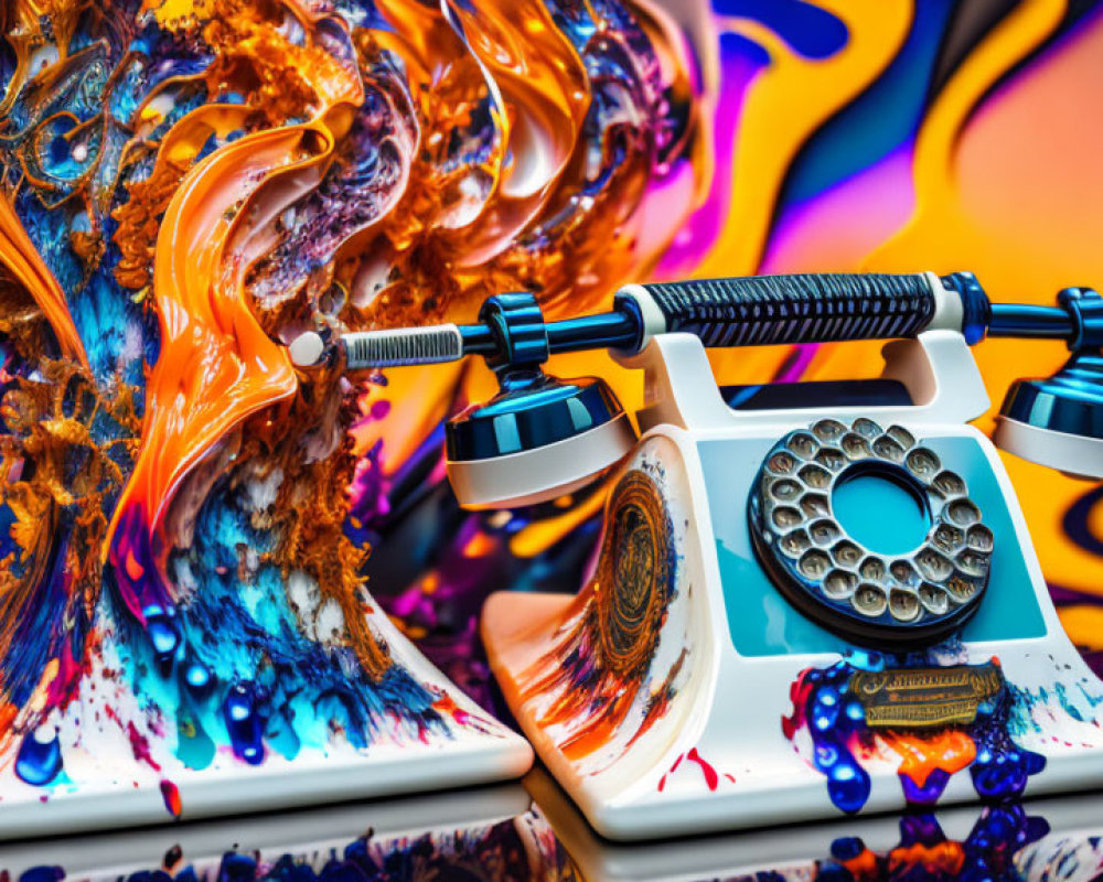 Colorful Psychedelic Artwork: Vintage Telephone Melting into Patterns